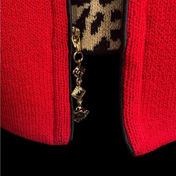 ST JOHN Red Wool Knit Zip Jacket with Leopard Tank Twin Set Women’s 2 - Picture 7 of 16